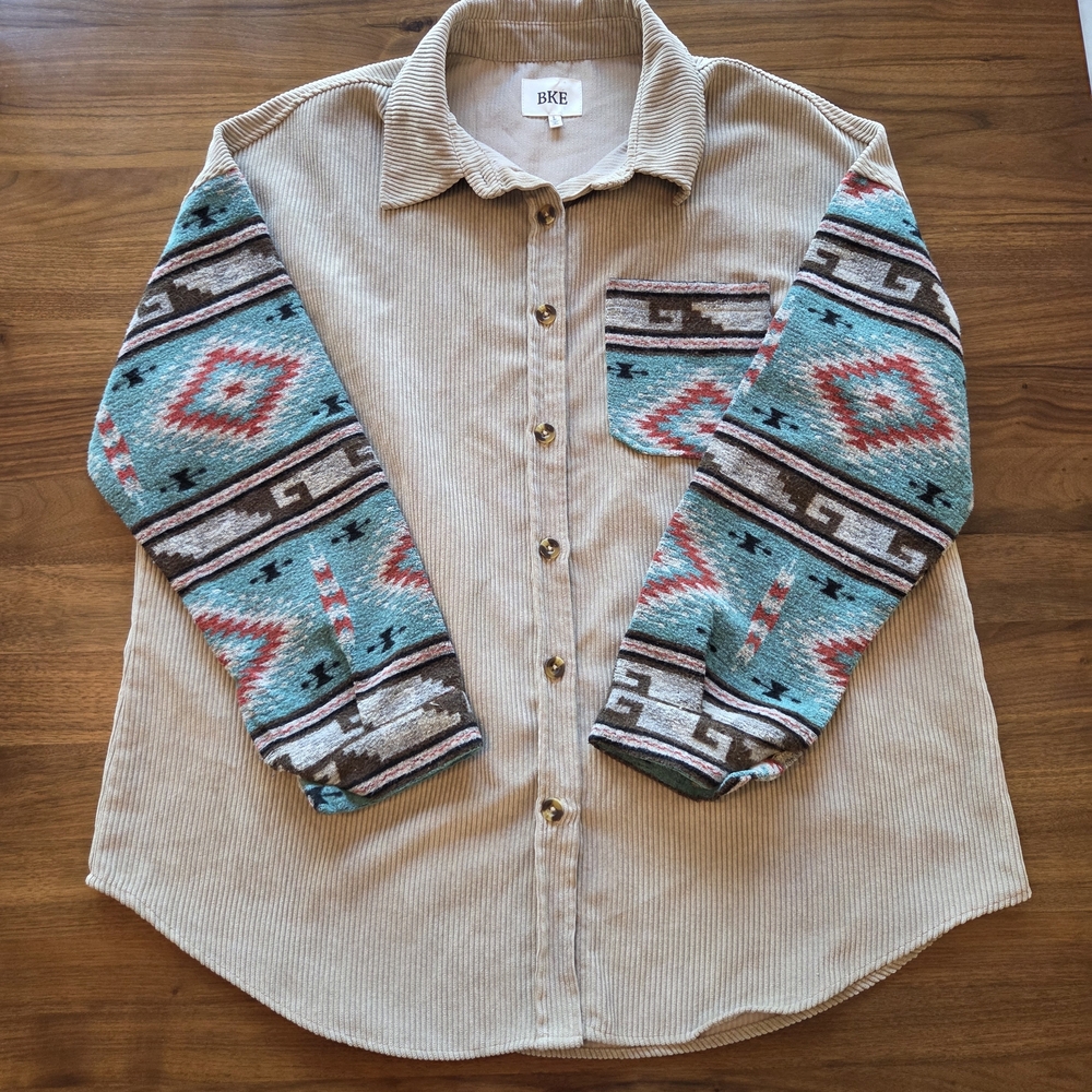 BKE Beige / Tan Corduroy Button Down Shacket  Shirt Aztec Accents Size Large - Picture 4 of 9